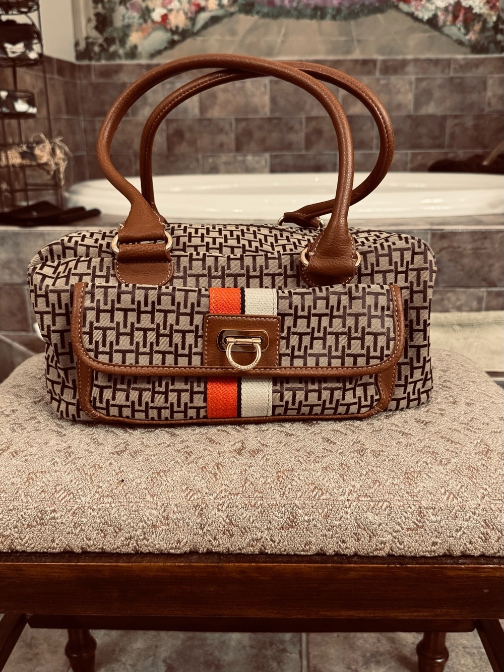Tommy Hilfiger Brown Monogram Shoulder Bag with Orange and Cream Stripe